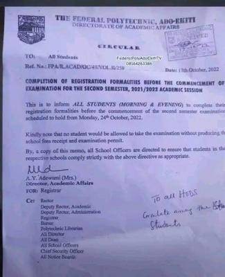 Fed Poly Ado-ekiti notice to students on completion of registration formalities