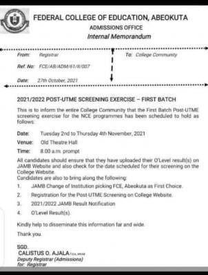 FCE Abeokuta Post-UTME screening dates for 2021/2022 session