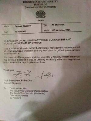 BSUM notice on suspension of union activities and social gathering on campus