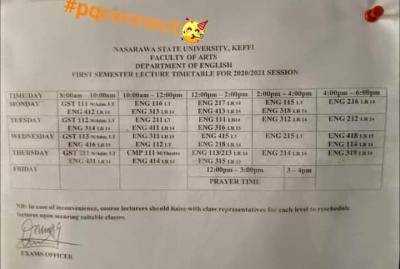 NSUK first semester Lectures Timetable, 2020/2021