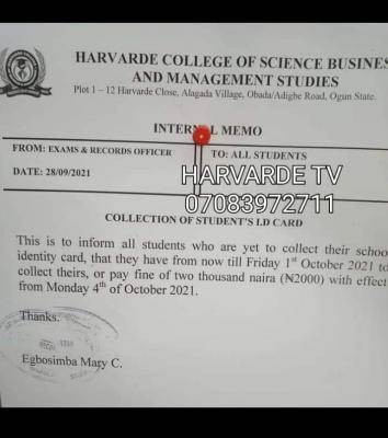 Harvard College of Science Business and management Studies notice on Collection of ID card