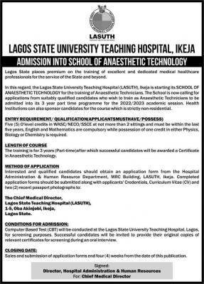 LASUTH School of Anaesthetic Technology Admission, 2022/2023
