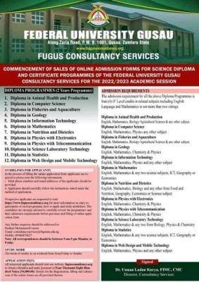 FUGUSAU Science Diploma & Certificate programmes admission form, 2022/2023