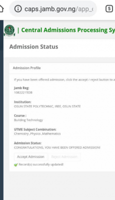 OSPOLY admission list, 2021/2022 out on JAMB CAPS