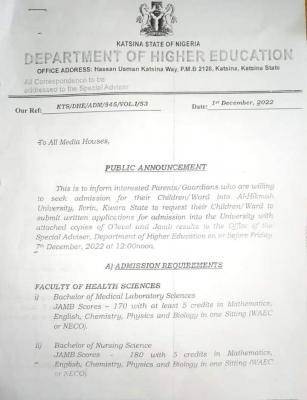 Katsina State notice to the public regarding admission in Al-hikmah University