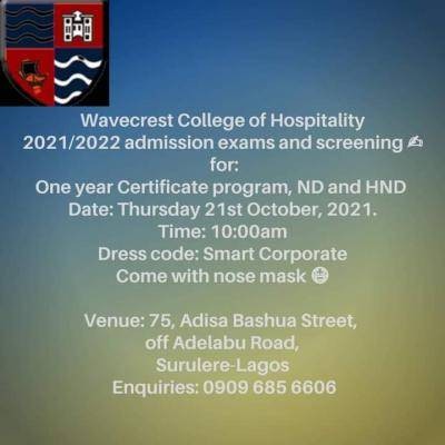 Wavecrest College of Hospitality next batch entrance exam date, 2021/2022