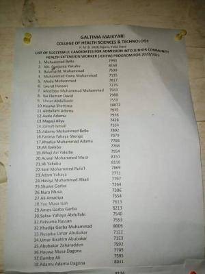 Galtima Maikyari college of Health Science admission List, 2022/2023