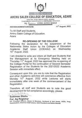 COE, Azare notice to staff & students on reopening of the College