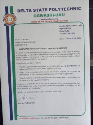 Delta Poly Ogwashiuku notice on illegal mobilization of students for political exercise