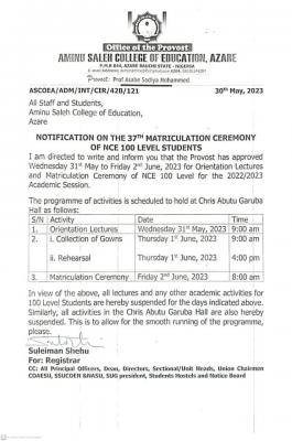 Aminu Saleh COE notice on matriculation ceremony