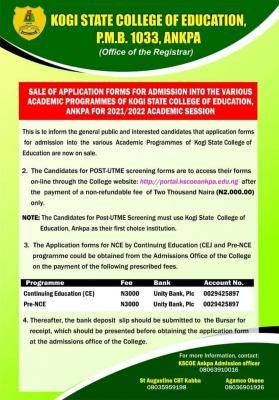 Kogi State College of Education Post-UTME 2021: Eligibility and Registration Details