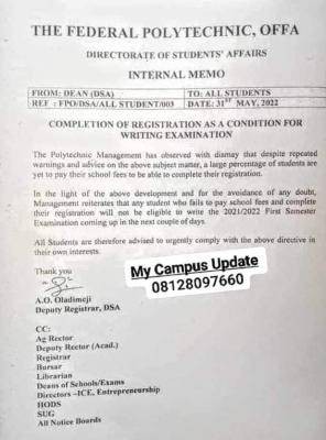 Fed Poly, Offa notice to students on condition for writing examination