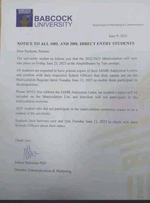 Babcock University Notice To All 100L & 200L Direct Entry Students ...