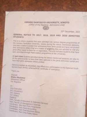 UDUS General Notice To 2017, 2018, 2019 And 2020 Admitted Students ...