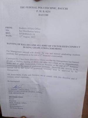 Fed Poly, Bauchi bans rallies and all uncivilized conducts during graduation ceremony