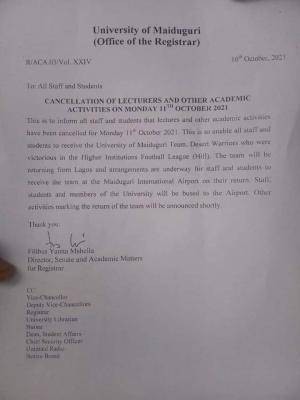 UNIMAID cancels academic events scheduled for Oct 11th