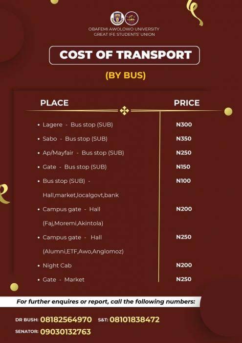 OAU SUG notice to students on cost of transportation within the campus