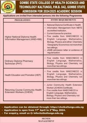 Gombe College of Health Tech, Kaltungo releases admission form, 2024/ ...