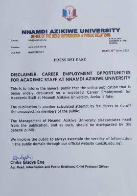 UNIZIK issues recruitment disclaimer