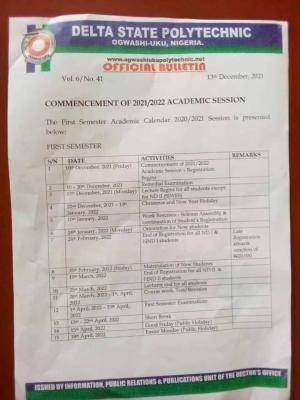Delta Poly, Ogwashiuku academic calendar, 2021/2022 - Myschool