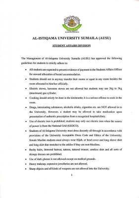Al-istiqamah University notice to students living within the Campus