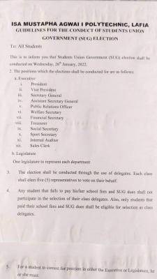 Isa Agwai Mustapha Poly SUG election requirements and guidelines