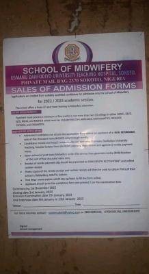 UDUTH School of Midwifery Admission form, 2022/2023