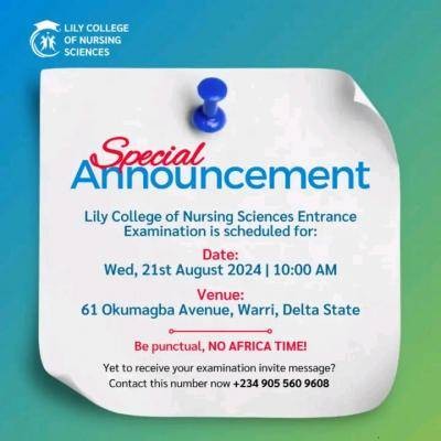 Lilly College of Nursing Sciences 2024/2025 entrance examination holds 21st Aug