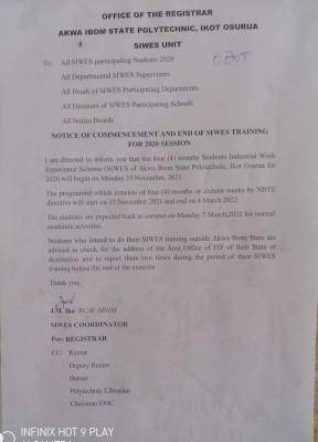 Akwa Poly notice on commencement of SIWES training