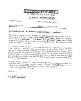 UNILORIN notice on the 36th hybrid convocation ceremony