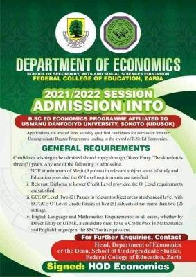 FCE Zaria B.Ed Economics Admission, 2021/2022