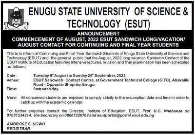 ESUT notice on commencement of lectures for continuing & final year students