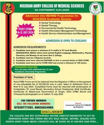 Nigerian Army College Of Medical Science Admission Into ND/HND, 2024/ ...