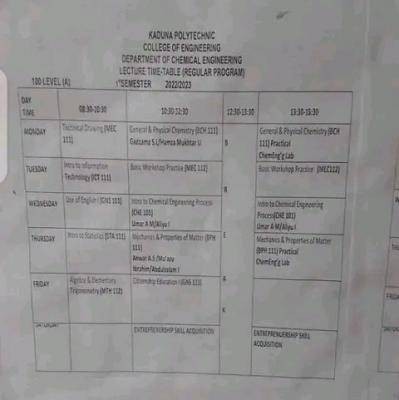 KADPOLY first semester lecture timetable, 2022/2023 session - Myschool