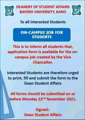 BUK announces application for on-campus Job for Students