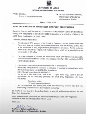 UNILAG vital information on JAMB DE registration - Myschool