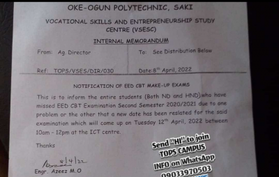 TOPS notice to students who missed EED exam