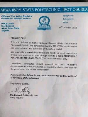 Akwa Ibom State Poly Important Notice To All ND/HND Admitted Candidates ...