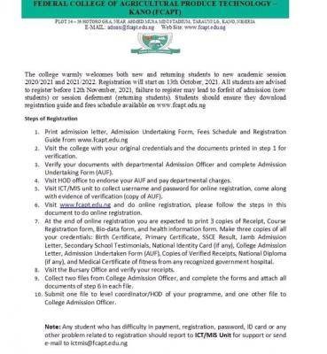Federal College of Agriculture Produce Tech, Kano registration procedure, 2021/2022