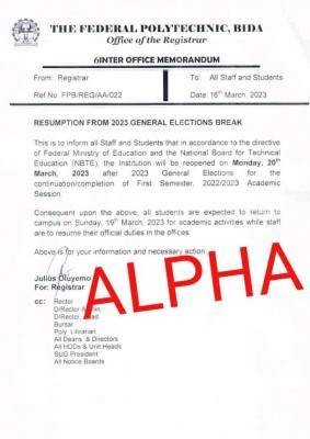 Fed Poly Bida Notice Of Resumption From Election Break - Myschool