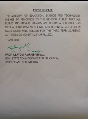 Ogun State announces resumption date for schools