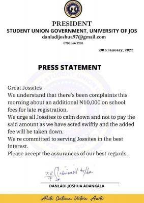UNIJOS SUG notice to students regarding late registration fee