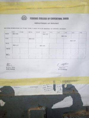FCE Zaria NCE 2nd semester lecture timetable