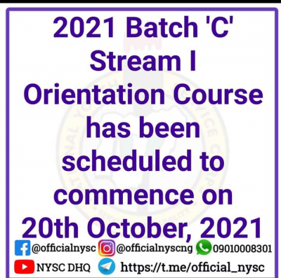NYSC announces 2021 Batch 'C' stream I Orientation Course