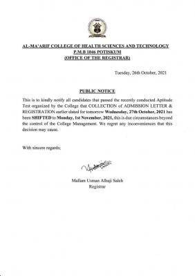 Al- Ma'arif College of Health Science postpones date for collection of Admission Letter