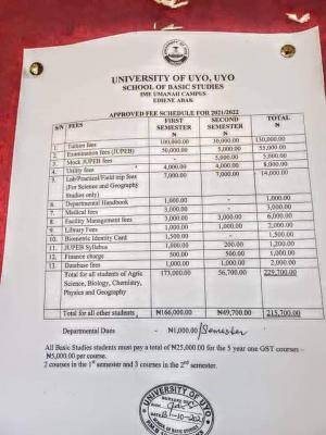 UNIUYO School of Basic Studies schedule of fees, 2021/2022