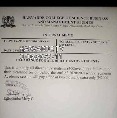 Harvard College of Science Business and management Studies notice to 300L DE Students