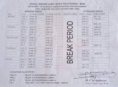 KENPOLY 1st semester Lectures Timetable, 2021/2022