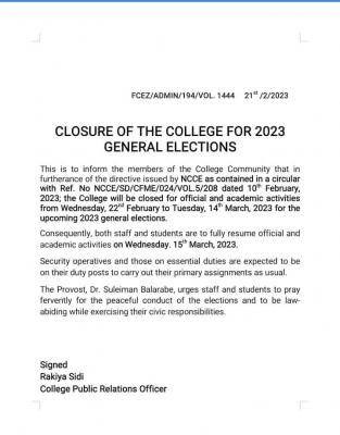 FCE Zaria announces closure for upcoming 2023 General Elections