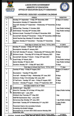 Lagos State Primary and Secondary Schools' Calendar for 2020/2021 - Myschool